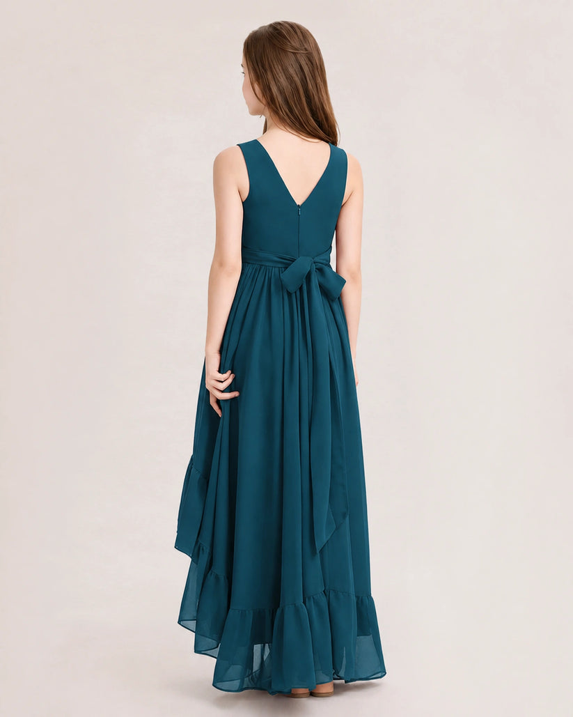 Teal Chiffon A-line Junior Bridesmaid Dress Back View