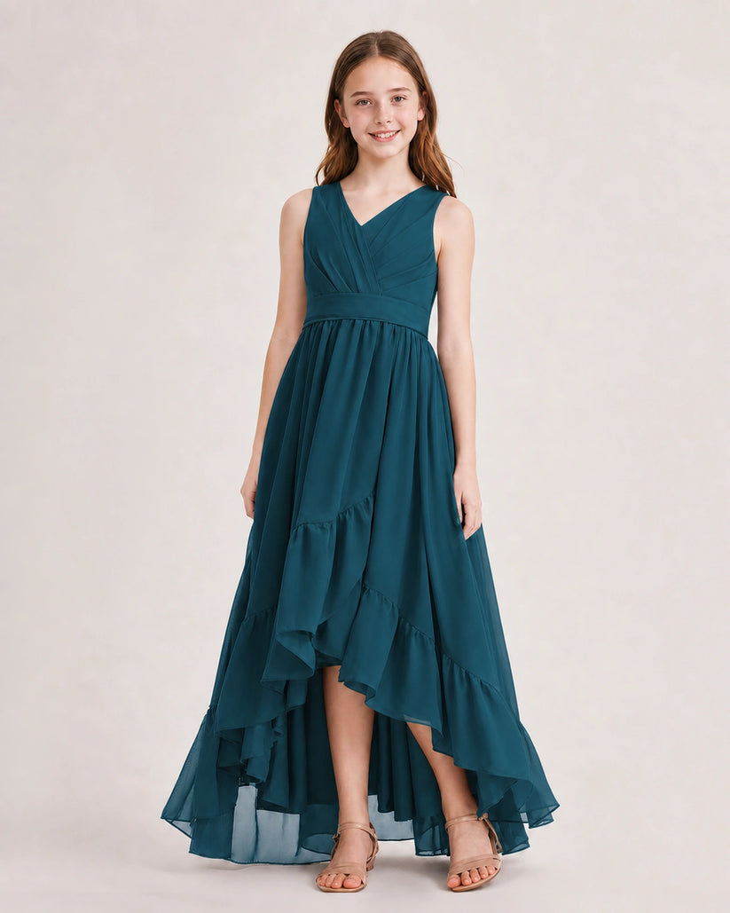 Teal Chiffon A-line Junior Bridesmaid Dress Front View