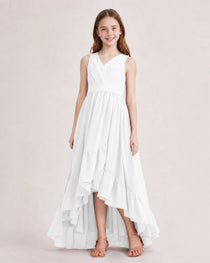 Dideyttawl Burgundy Junior Bridesmaid Dress Sleeveless High Low Chiffon Formal Gown
