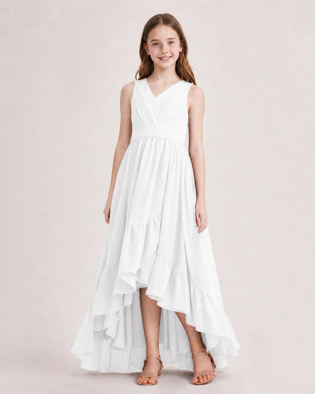 Dideyttawl Burgundy Junior Bridesmaid Dress Sleeveless High Low Chiffon Formal Gown