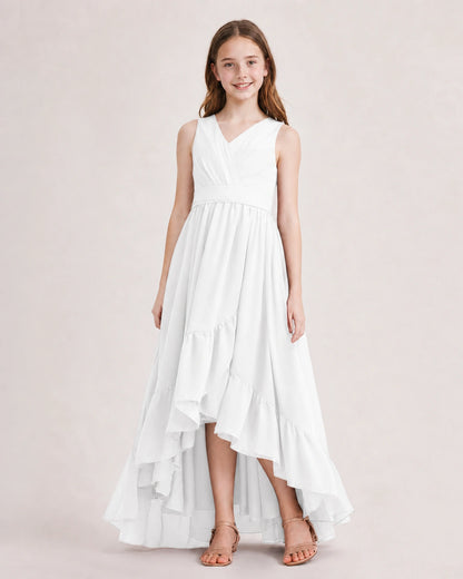 Dideyttawl Burgundy Junior Bridesmaid Dress | Sleeveless High Low Chiffon Formal Gown