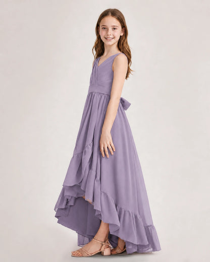 Dideyttawl Burgundy Junior Bridesmaid Dress | Sleeveless High Low Chiffon Formal Gown