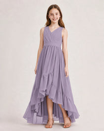 Dideyttawl Burgundy Junior Bridesmaid Dress Sleeveless High Low Chiffon Formal Gown