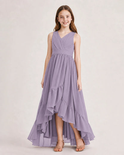 Dideyttawl Burgundy Junior Bridesmaid Dress | Sleeveless High Low Chiffon Formal Gown