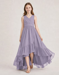 Dideyttawl Burgundy Junior Bridesmaid Dress Sleeveless High Low Chiffon Formal Gown