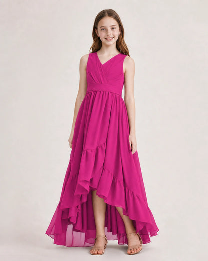 Dideyttawl Burgundy Junior Bridesmaid Dress | Sleeveless High Low Chiffon Formal Gown