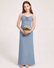 Dideyttawl Dusty Blue Chiffon Junior Bridesmaid Dress Cowl Neck A-Line Formal Dress