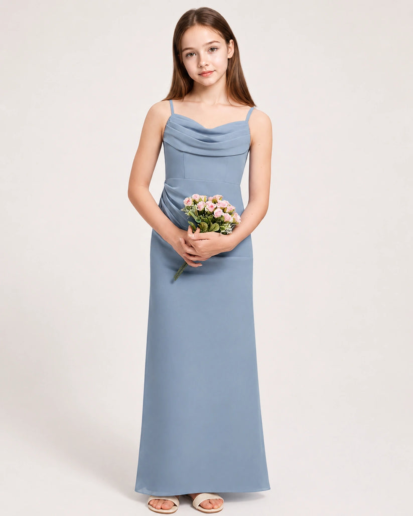 Dusty Blue Chiffon Sheath Junior Bridesmaid Dress Front View