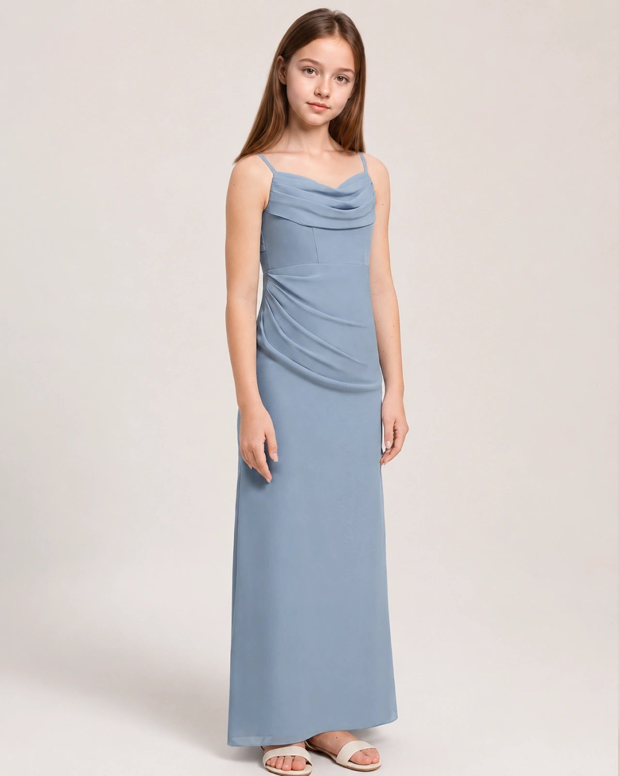 Dideyttawl Dusty Blue Chiffon Junior Bridesmaid Dress Cowl Neck A-Line Formal Dress