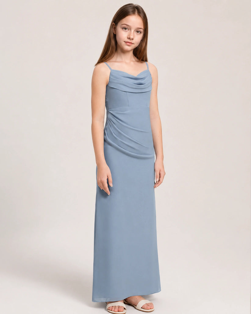 Dusty Blue Chiffon Sheath Junior Bridesmaid Dress Front View