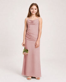 Dideyttawl Dusty Blue Chiffon Junior Bridesmaid Dress Cowl Neck A-Line Formal Dress