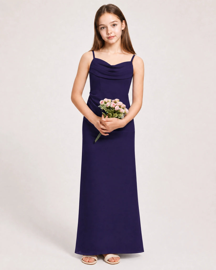 Navy Blue Chiffon Sheath Junior Bridesmaid Dress Front View