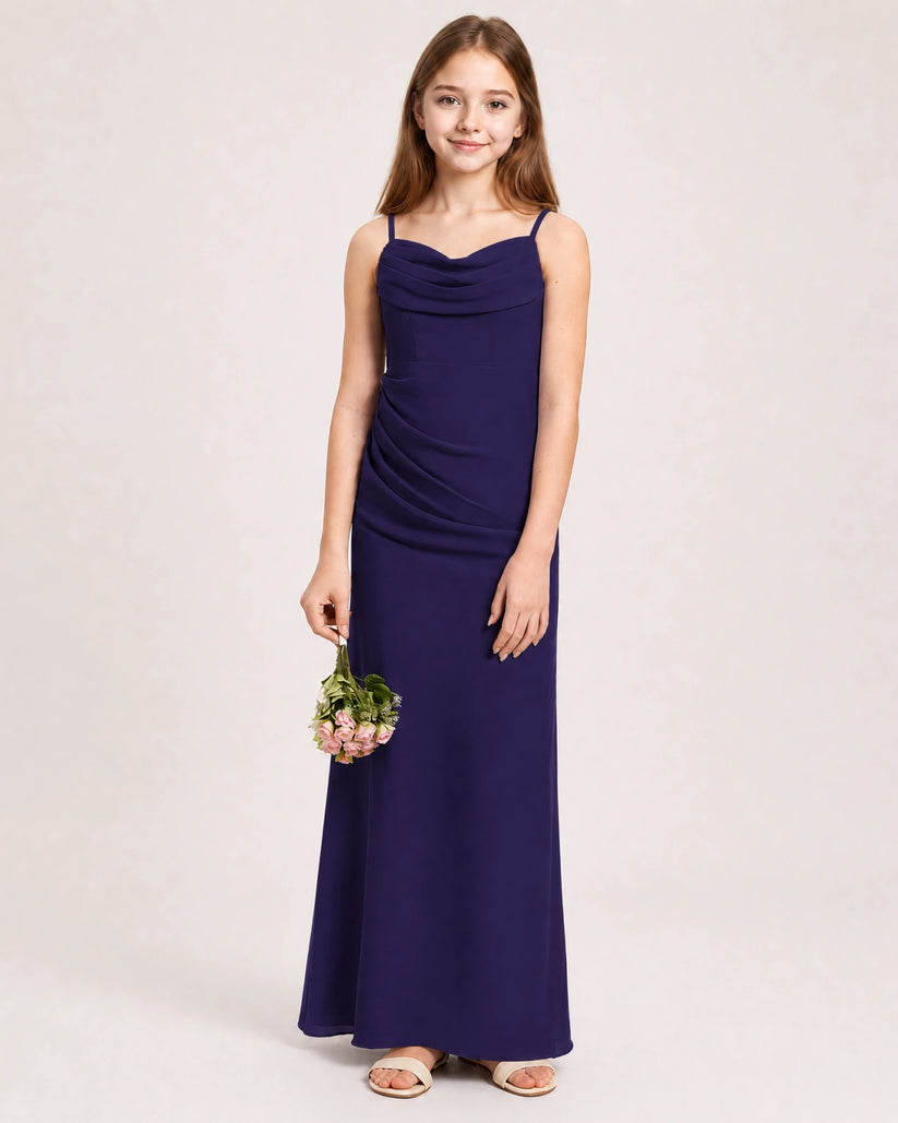Navy Blue Chiffon Sheath Junior Bridesmaid Dress Front View