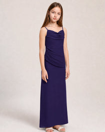 Dideyttawl Dusty Blue Chiffon Junior Bridesmaid Dress Cowl Neck A-Line Formal Dress