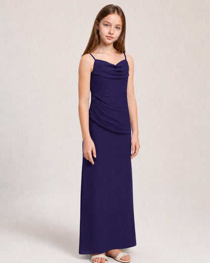Dideyttawl Dusty Blue Chiffon Junior Bridesmaid Dress Cowl Neck A-Line Formal Dress