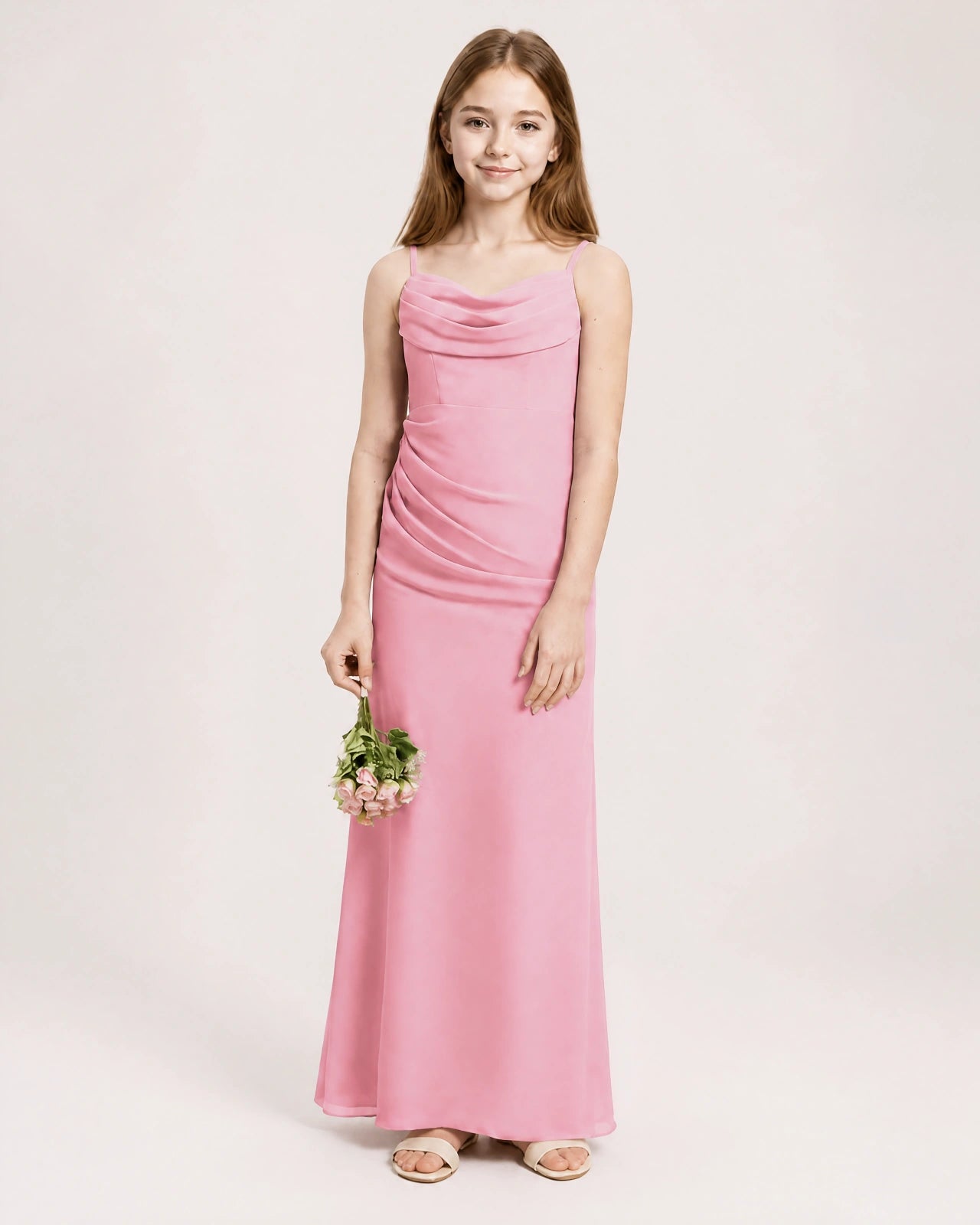 Dideyttawl Dusty Blue Chiffon Junior Bridesmaid Dress Cowl Neck A-Line Formal Dress