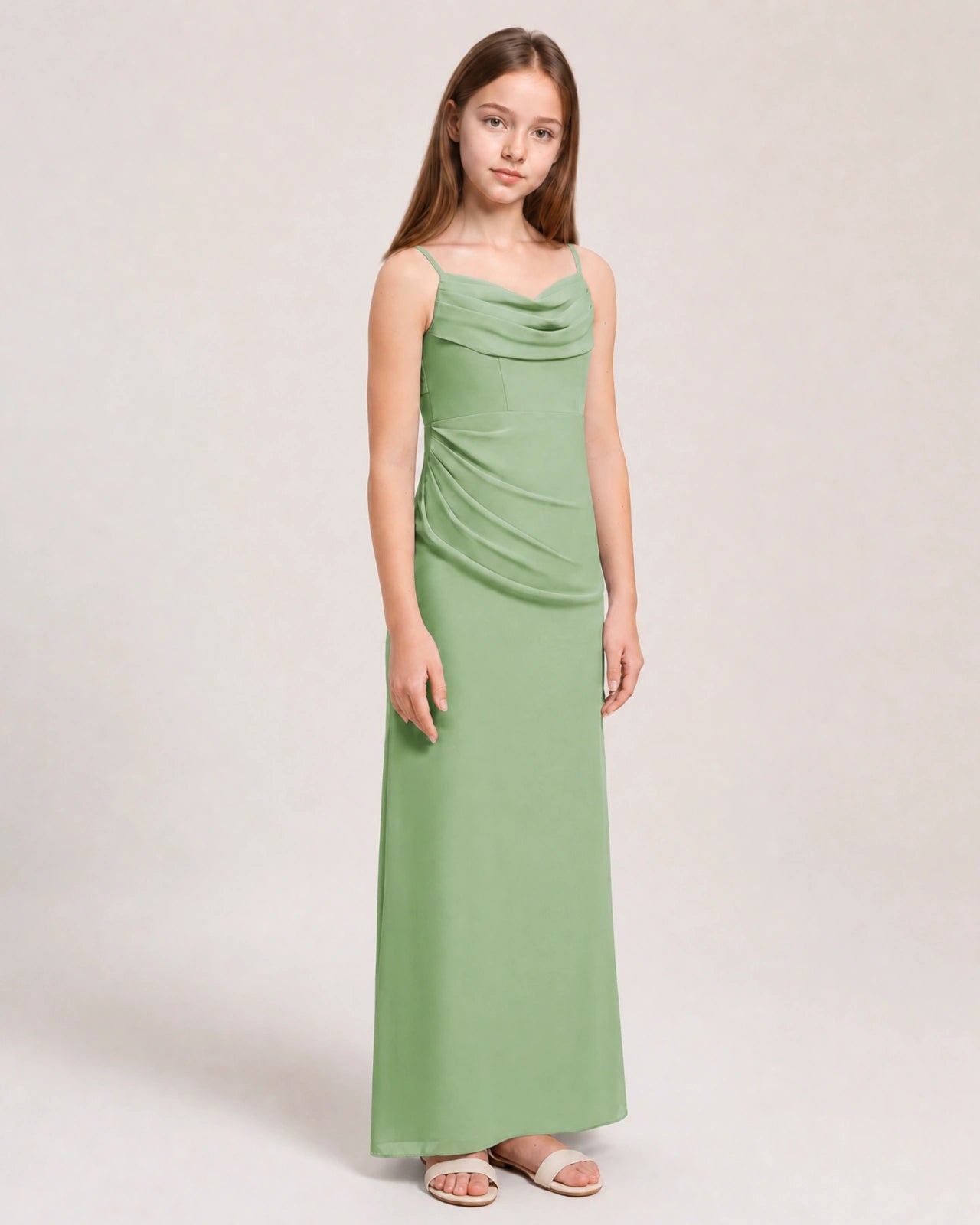 Dideyttawl Dusty Blue Chiffon Junior Bridesmaid Dress Cowl Neck A-Line Formal Dress