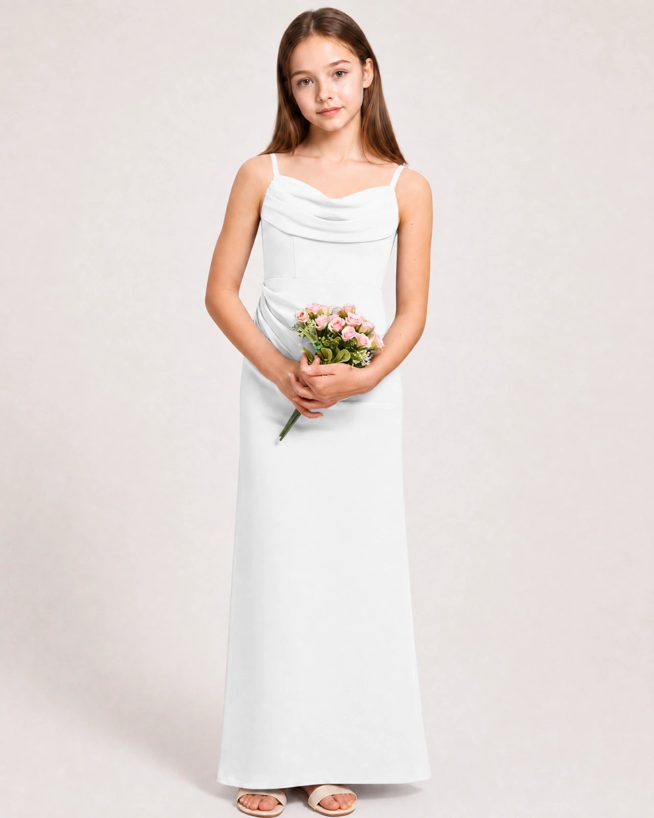 Dideyttawl Dusty Blue Chiffon Junior Bridesmaid Dress Cowl Neck A-Line Formal Dress