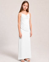 White Satin Sheath Junior Bridesmaid Dress Front View
