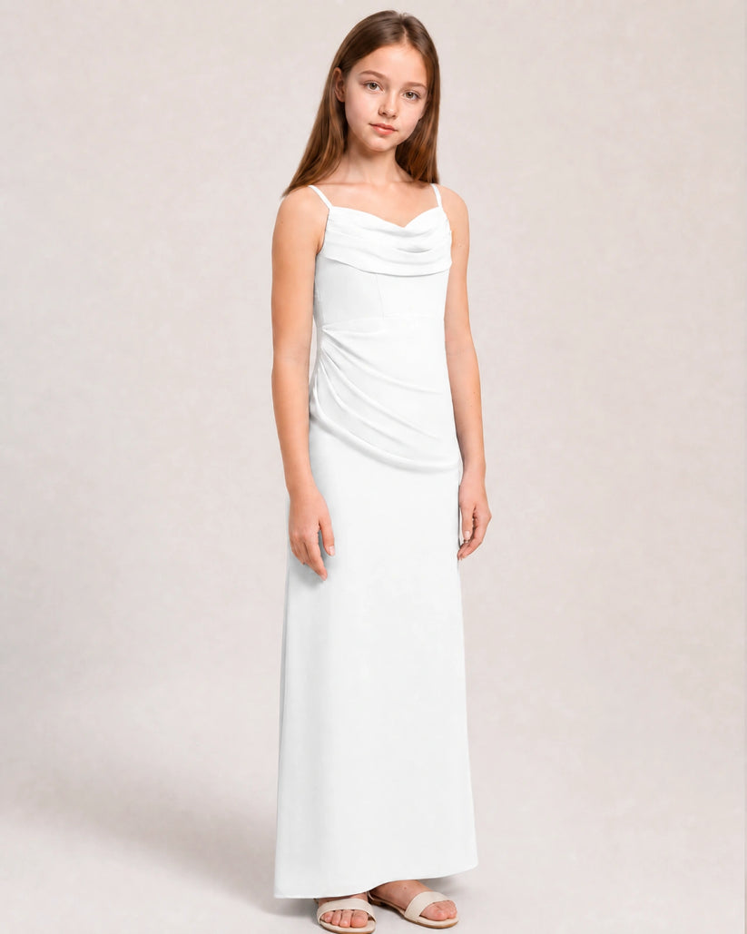 White Satin Sheath Junior Bridesmaid Dress Front View