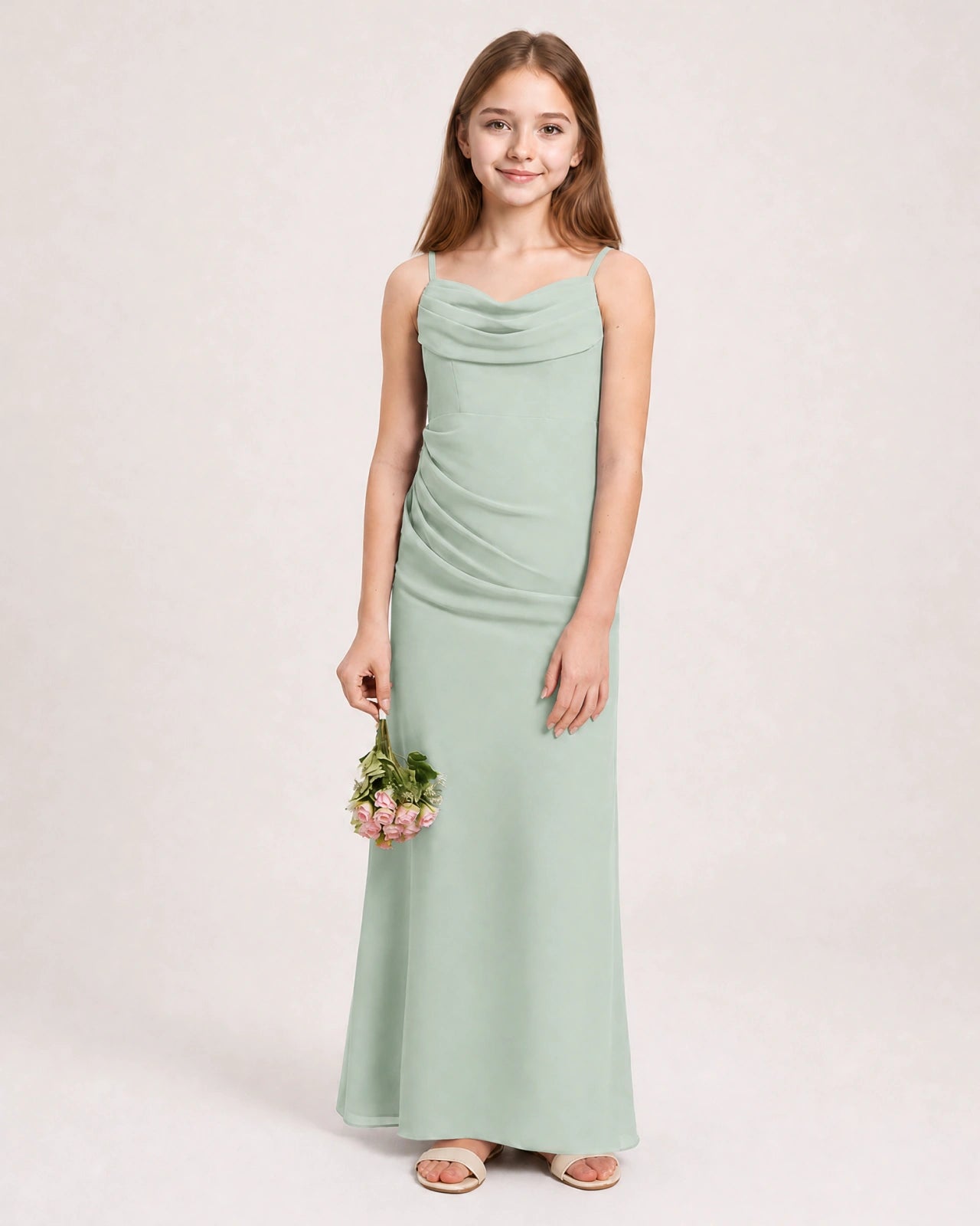 Dideyttawl Junior Bridesmaid Dress with Cowl Neck and Side Ruched Chiffon Skirt