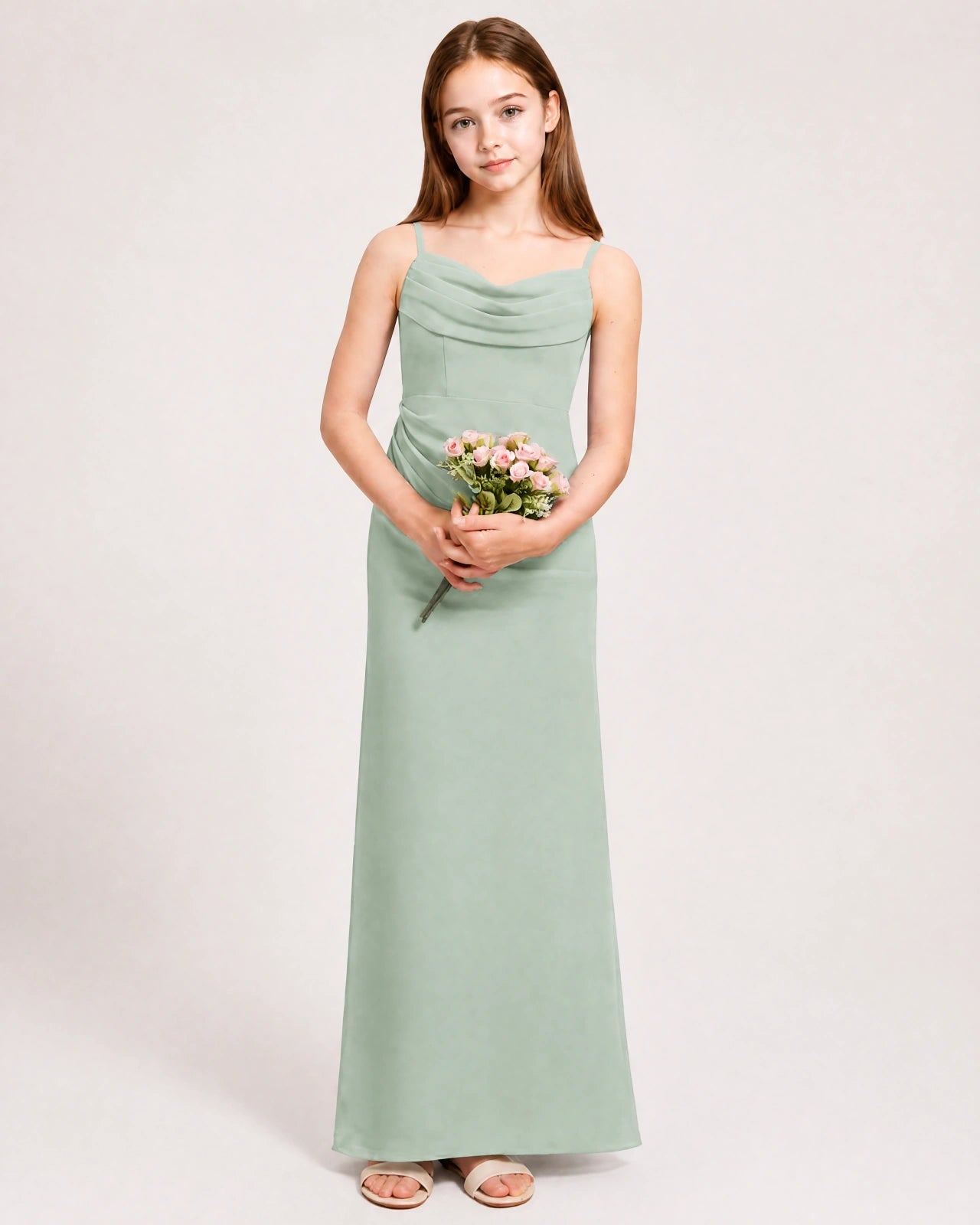Dideyttawl Dusty Blue Chiffon Junior Bridesmaid Dress Cowl Neck A-Line Formal Dress