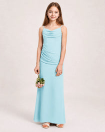 Dideyttawl Dusty Blue Chiffon Junior Bridesmaid Dress Cowl Neck A-Line Formal Dress