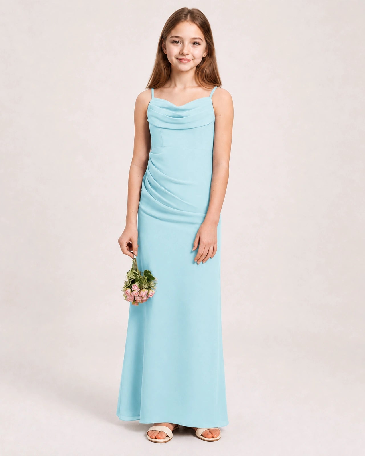 Dideyttawl Dusty Blue Chiffon Junior Bridesmaid Dress Cowl Neck A-Line Formal Dress