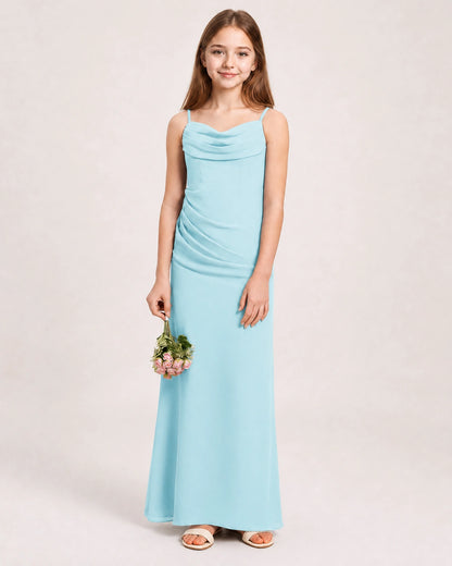 Dideyttawl Dusty Blue Chiffon Junior Bridesmaid Dress Cowl Neck A-Line Formal Dress