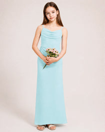 Dideyttawl Dusty Blue Chiffon Junior Bridesmaid Dress Cowl Neck A-Line Formal Dress