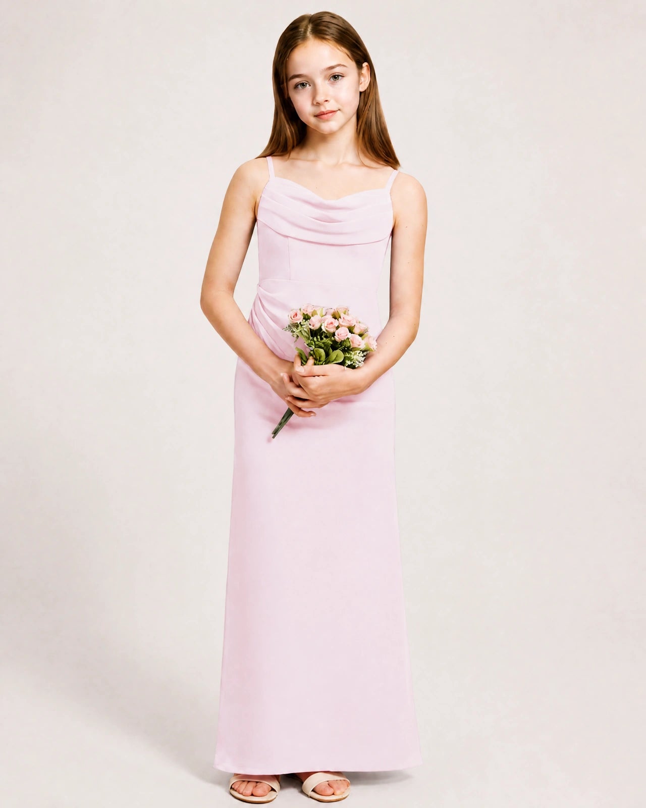 Dideyttawl Dusty Blue Chiffon Junior Bridesmaid Dress Cowl Neck A-Line Formal Dress