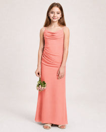 Dideyttawl Dusty Blue Chiffon Junior Bridesmaid Dress Cowl Neck A-Line Formal Dress