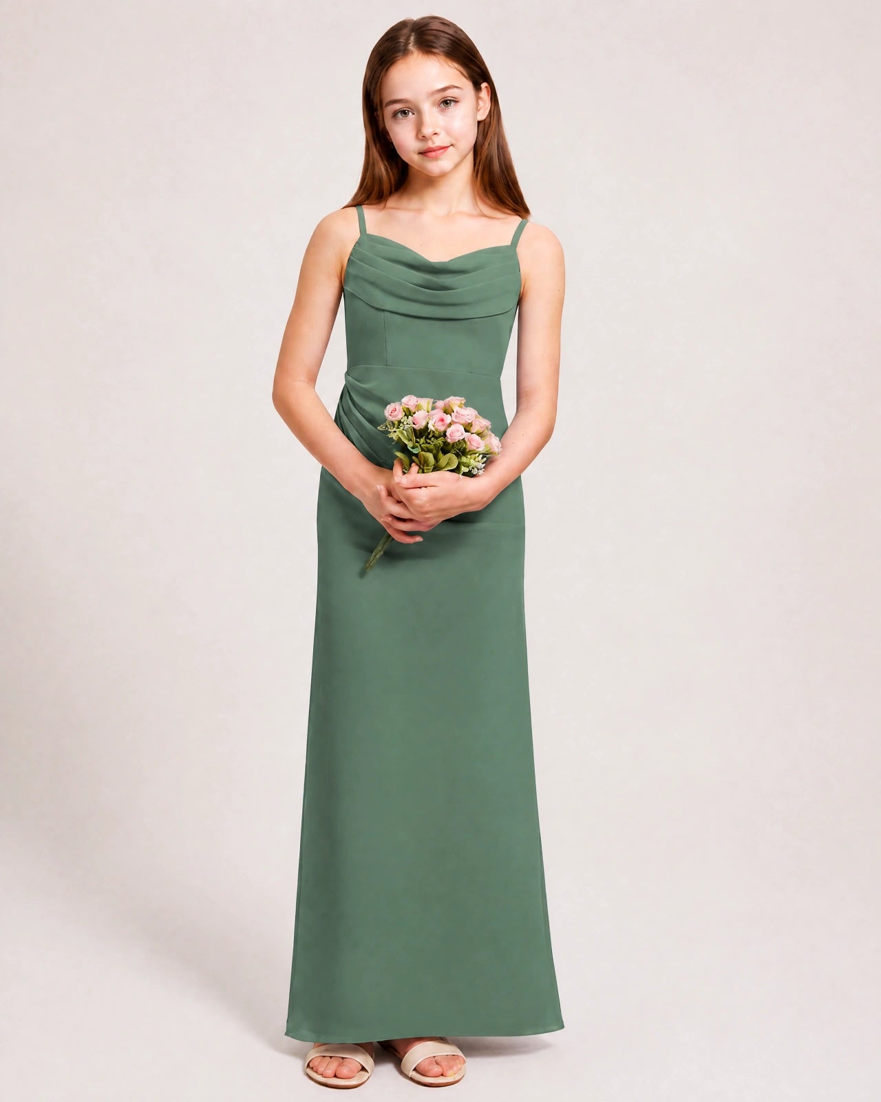 Dideyttawl Dusty Blue Chiffon Junior Bridesmaid Dress Cowl Neck A-Line Formal Dress