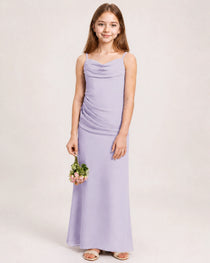 Dideyttawl Dusty Blue Chiffon Junior Bridesmaid Dress Cowl Neck A-Line Formal Dress