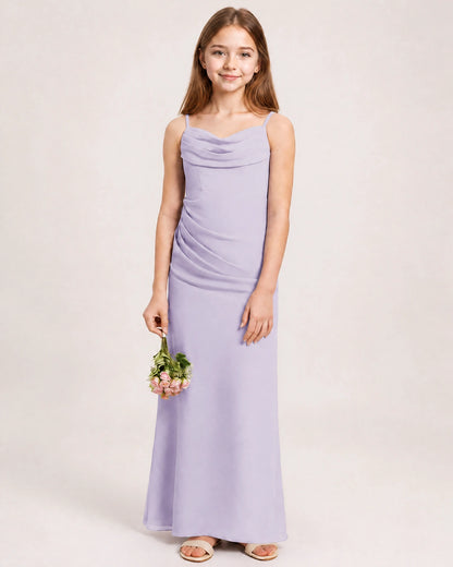 Dideyttawl Dusty Blue Chiffon Junior Bridesmaid Dress Cowl Neck A-Line Formal Dress