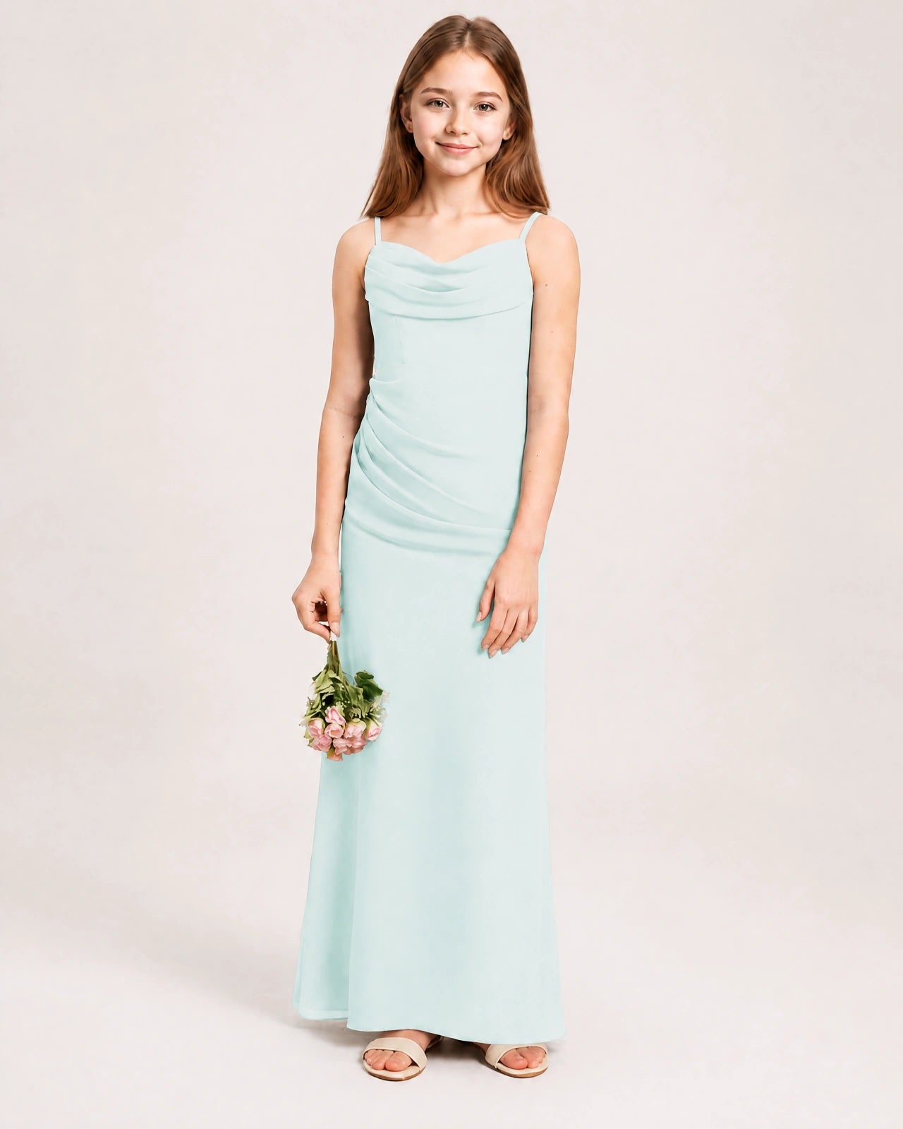 Dideyttawl Dusty Blue Chiffon Junior Bridesmaid Dress Cowl Neck A-Line Formal Dress