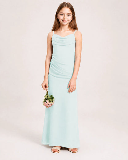 Dideyttawl Dusty Blue Chiffon Junior Bridesmaid Dress Cowl Neck A-Line Formal Dress