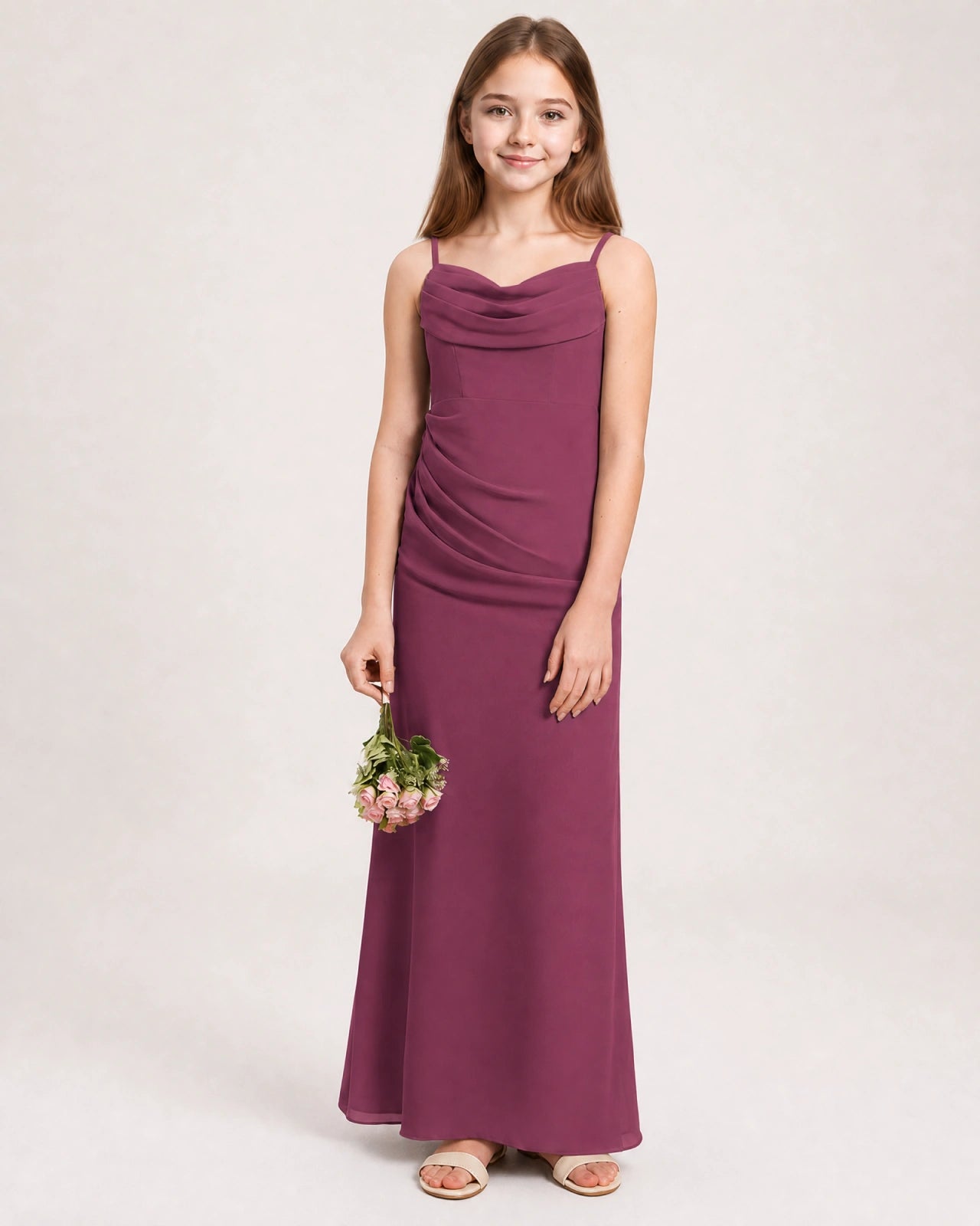 Dideyttawl Dusty Blue Chiffon Junior Bridesmaid Dress Cowl Neck A-Line Formal Dress