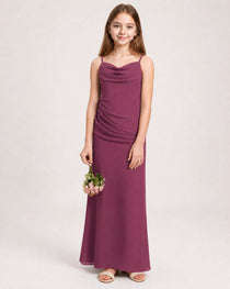 Dideyttawl Dusty Blue Chiffon Junior Bridesmaid Dress Cowl Neck A-Line Formal Dress