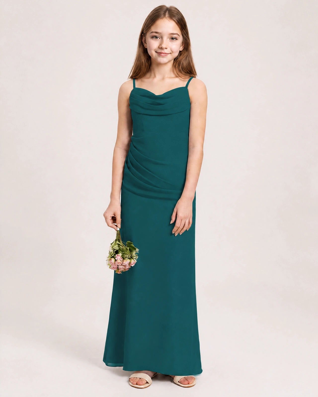 Dideyttawl Dusty Blue Chiffon Junior Bridesmaid Dress Cowl Neck A-Line Formal Dress