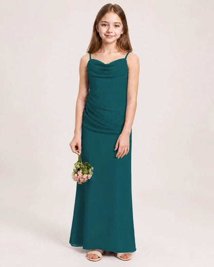 Dideyttawl Dusty Blue Chiffon Junior Bridesmaid Dress Cowl Neck A-Line Formal Dress