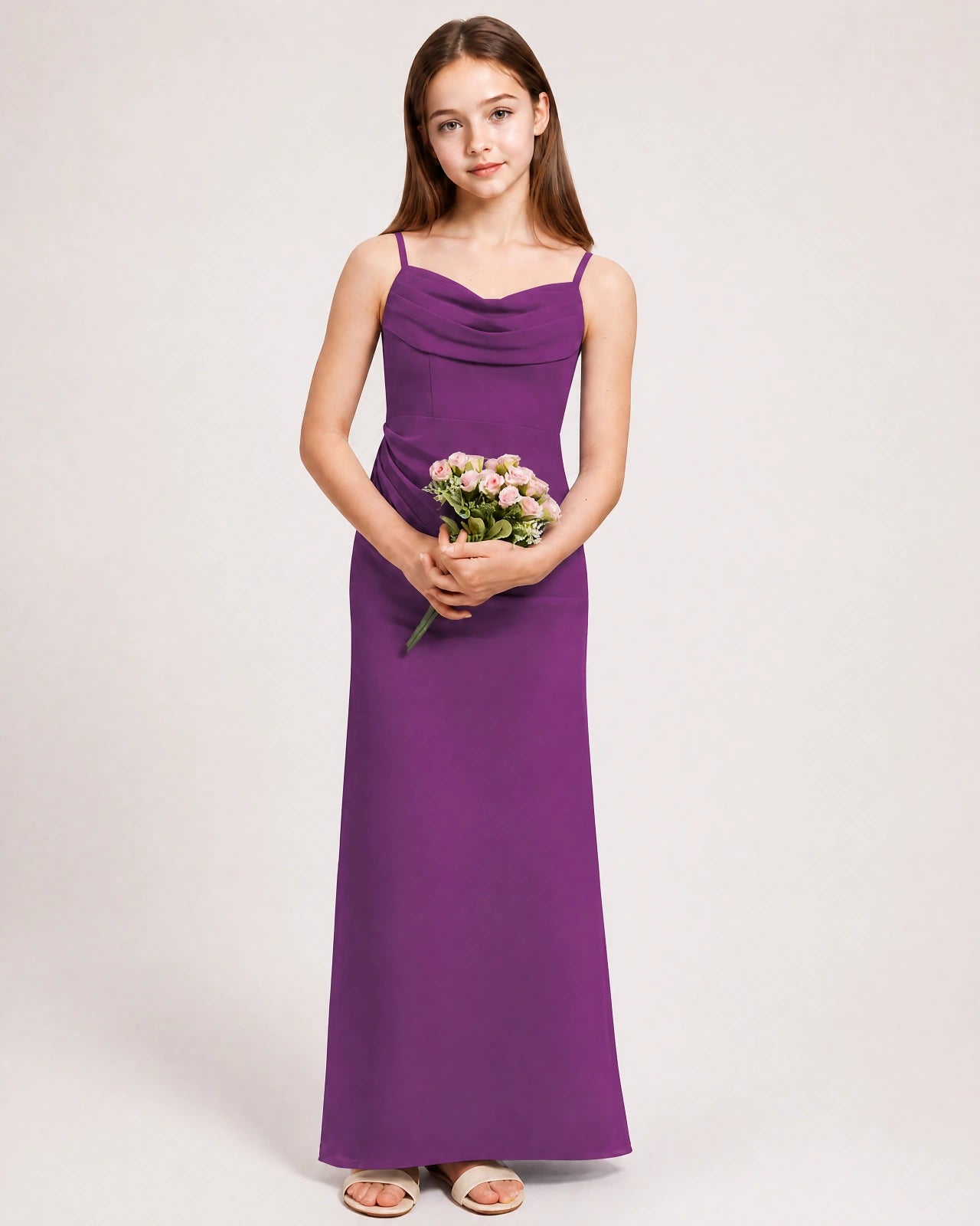 Dideyttawl Dusty Blue Chiffon Junior Bridesmaid Dress Cowl Neck A-Line Formal Dress