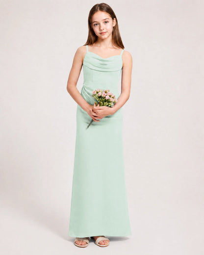 Dideyttawl Dusty Blue Chiffon Junior Bridesmaid Dress Cowl Neck A-Line Formal Dress