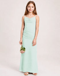 Dideyttawl Dusty Blue Chiffon Junior Bridesmaid Dress Cowl Neck A-Line Formal Dress