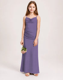 Dideyttawl Dusty Blue Chiffon Junior Bridesmaid Dress Cowl Neck A-Line Formal Dress