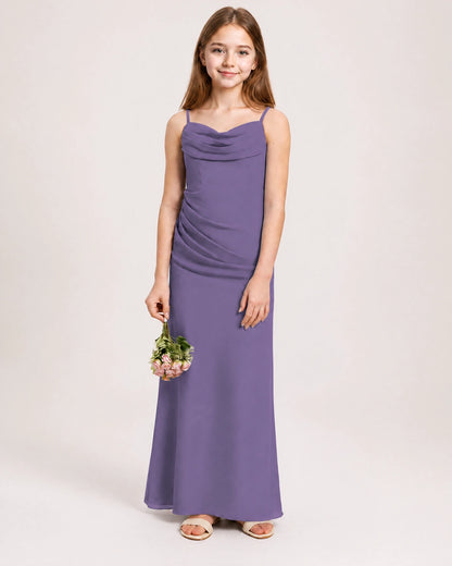 Dideyttawl Dusty Blue Chiffon Junior Bridesmaid Dress Cowl Neck A-Line Formal Dress