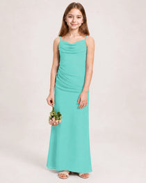 Dideyttawl Dusty Blue Chiffon Junior Bridesmaid Dress Cowl Neck A-Line Formal Dress