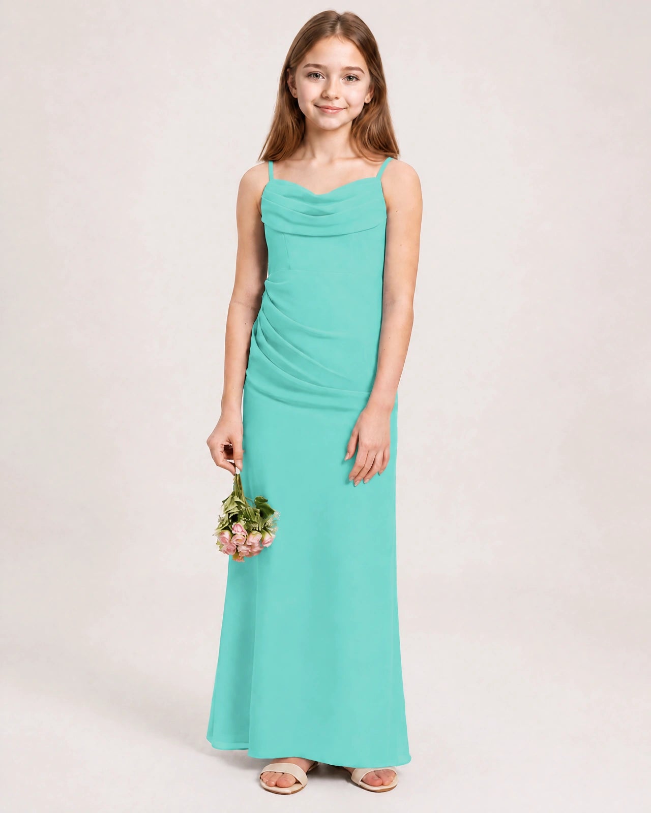 Dideyttawl Dusty Blue Chiffon Junior Bridesmaid Dress Cowl Neck A-Line Formal Dress
