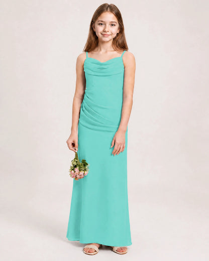 Dideyttawl Dusty Blue Chiffon Junior Bridesmaid Dress Cowl Neck A-Line Formal Dress