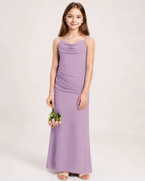 Dideyttawl Dusty Blue Chiffon Junior Bridesmaid Dress Cowl Neck A-Line Formal Dress